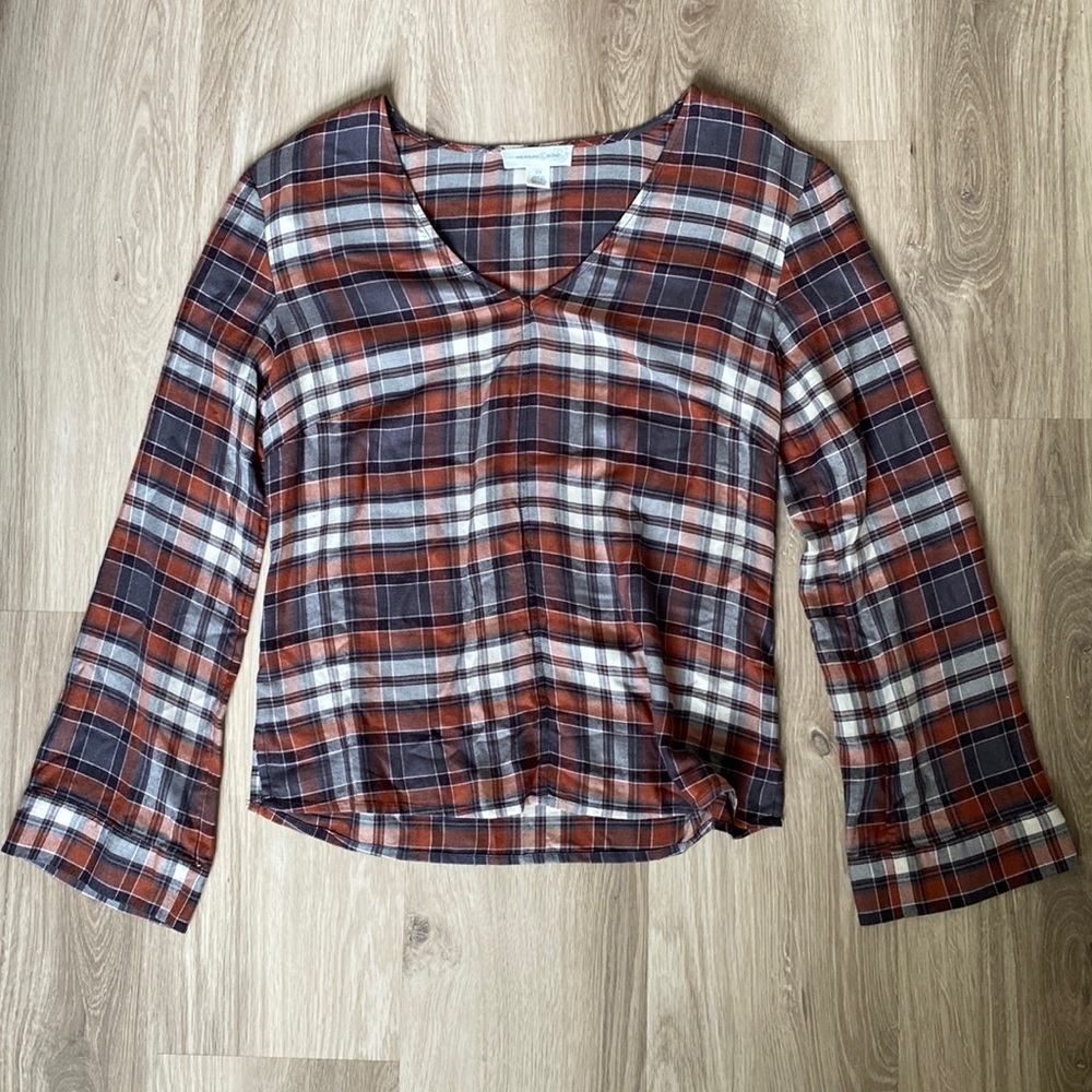 Bell sleeve orange and grey plaid treasure & bond blouse, size XS